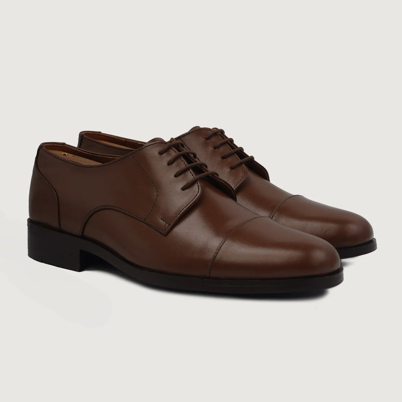 Attorney Derby Brown Leather Shoes For Men in Brown Full-Grain Leather - Lateral Side Profile View | Buy Online