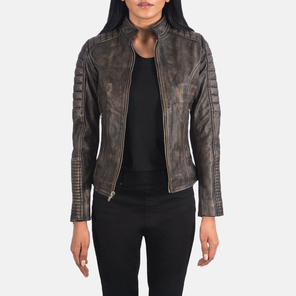 
Adalyn Steppelt Distressed Barna Bőr Motoros Dzseki Női in Distressed Brown Goatskin Leather - Elölnézet & testre szabott sziluett | Online vásárlás