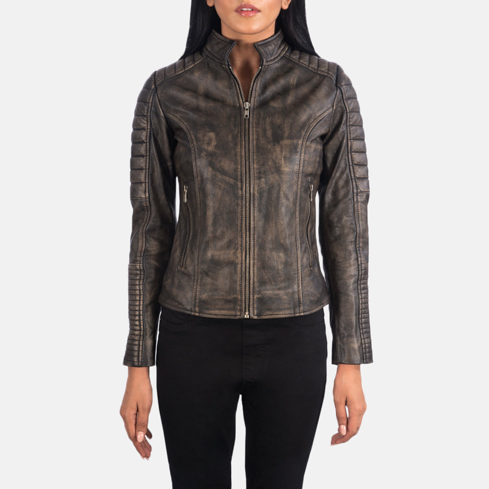 
Közeli részlet of Band & Zipper Hardware on Adalyn Steppelt Distressed Barna Bőr Motoros Dzseki Női