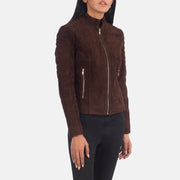 
Mocha Brown Goatskin Suede Biker Jacket - Hátulnézet precíz vállilleszkedéssel és tiszta szegéllyel