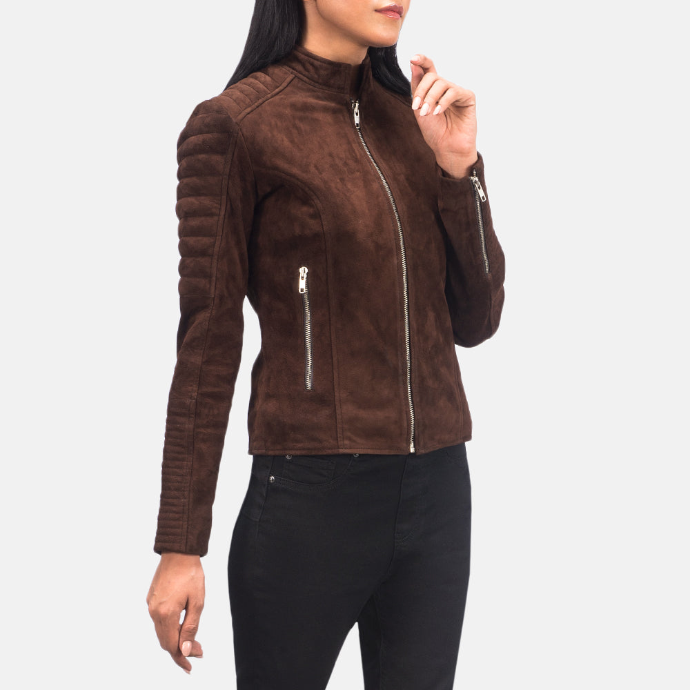 
Adalyn Steppelt Mocha Suede Bőr Motoros Dzseki Női - Oldalnézet az ergonomikus ujjkialakítással