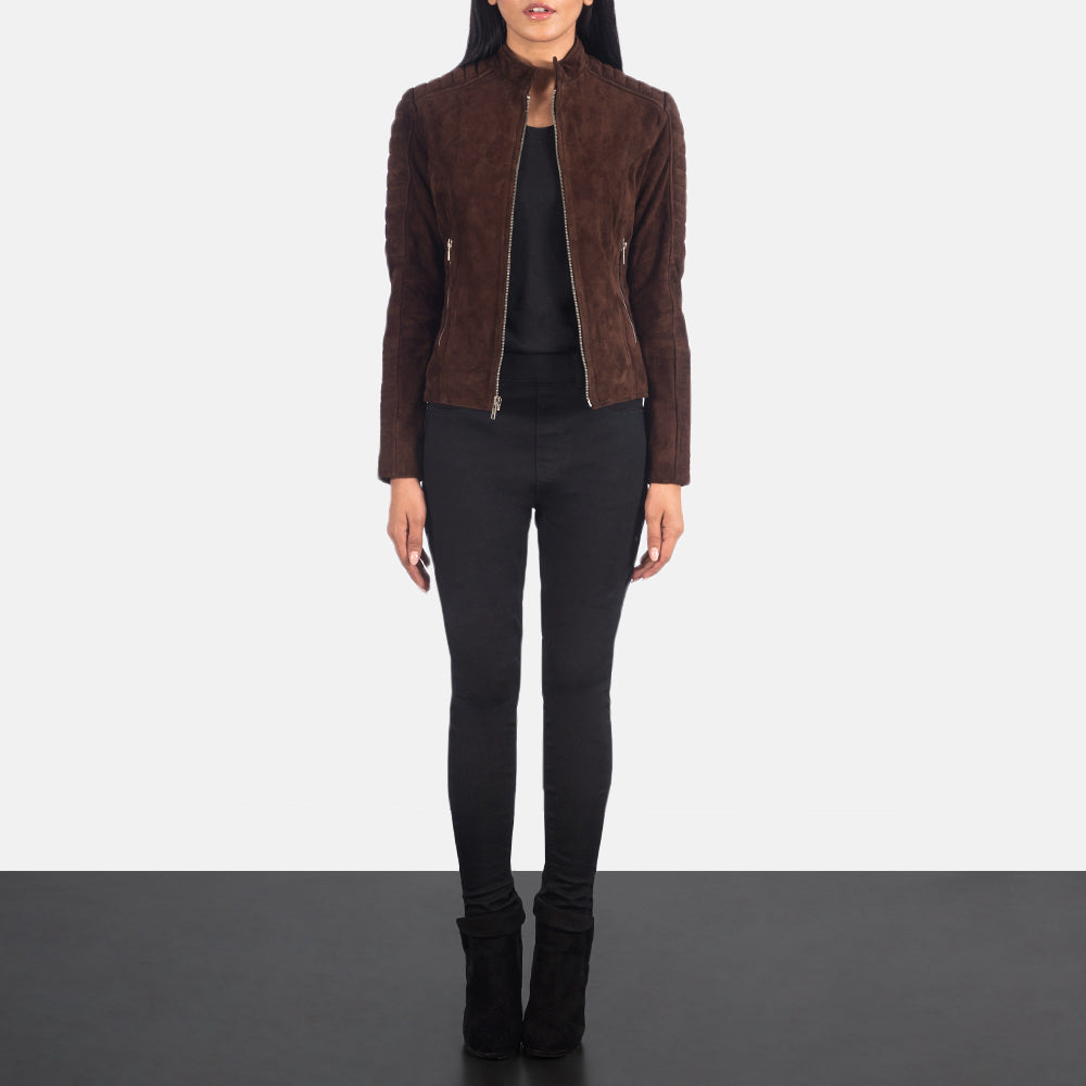 
Közeli részlet of Band & Zipper Hardware on Adalyn Steppelt Mocha Suede Bőr Motoros Dzseki Női