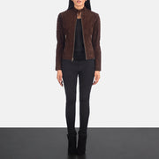 
Közeli részlet of Band & Zipper Hardware on Adalyn Steppelt Mocha Suede Bőr Motoros Dzseki Női