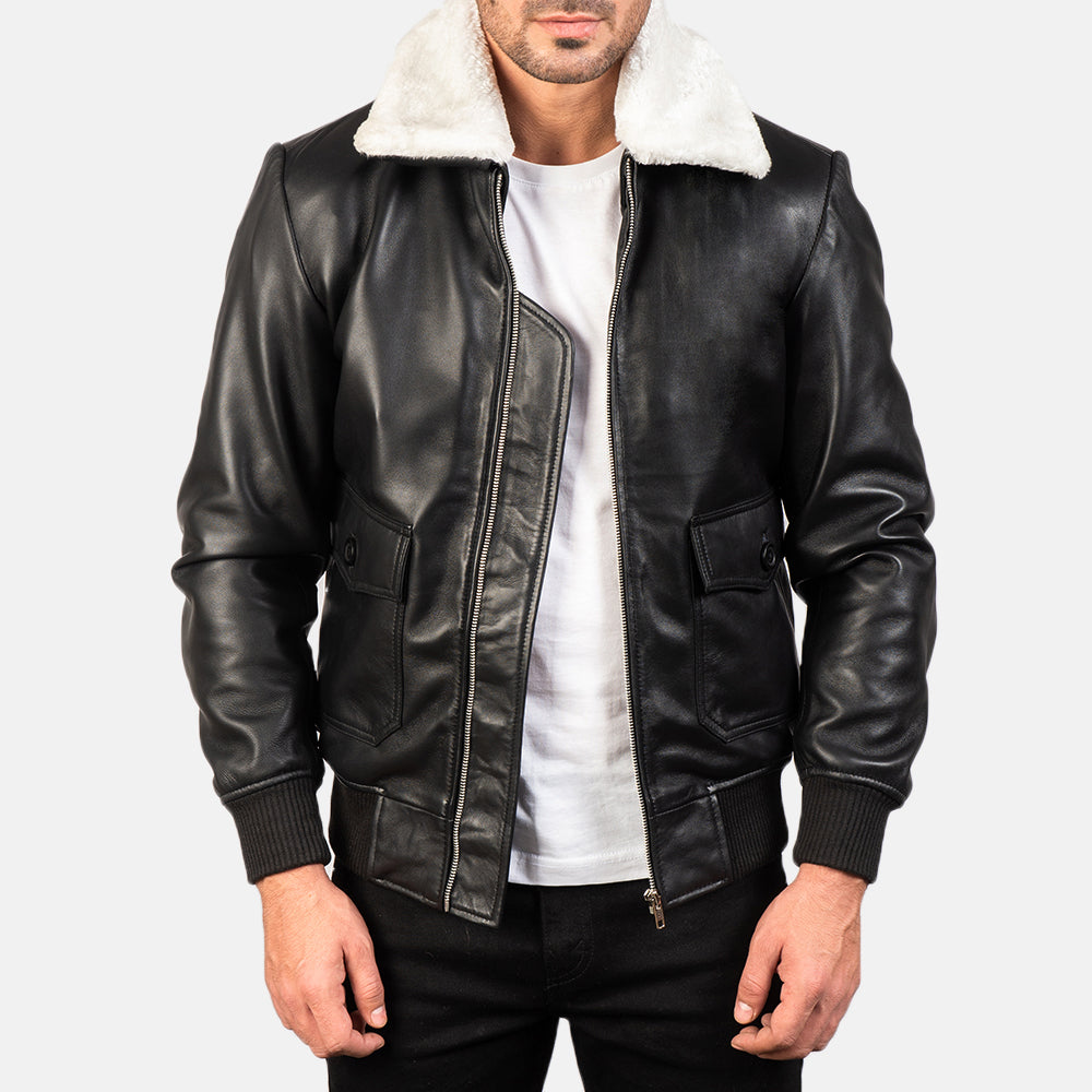 
Airin G-1 Black & White Leather Bomber Jacket in Black Sheepskin Leather - Elölnézet & testre szabott sziluett | Online vásárlás