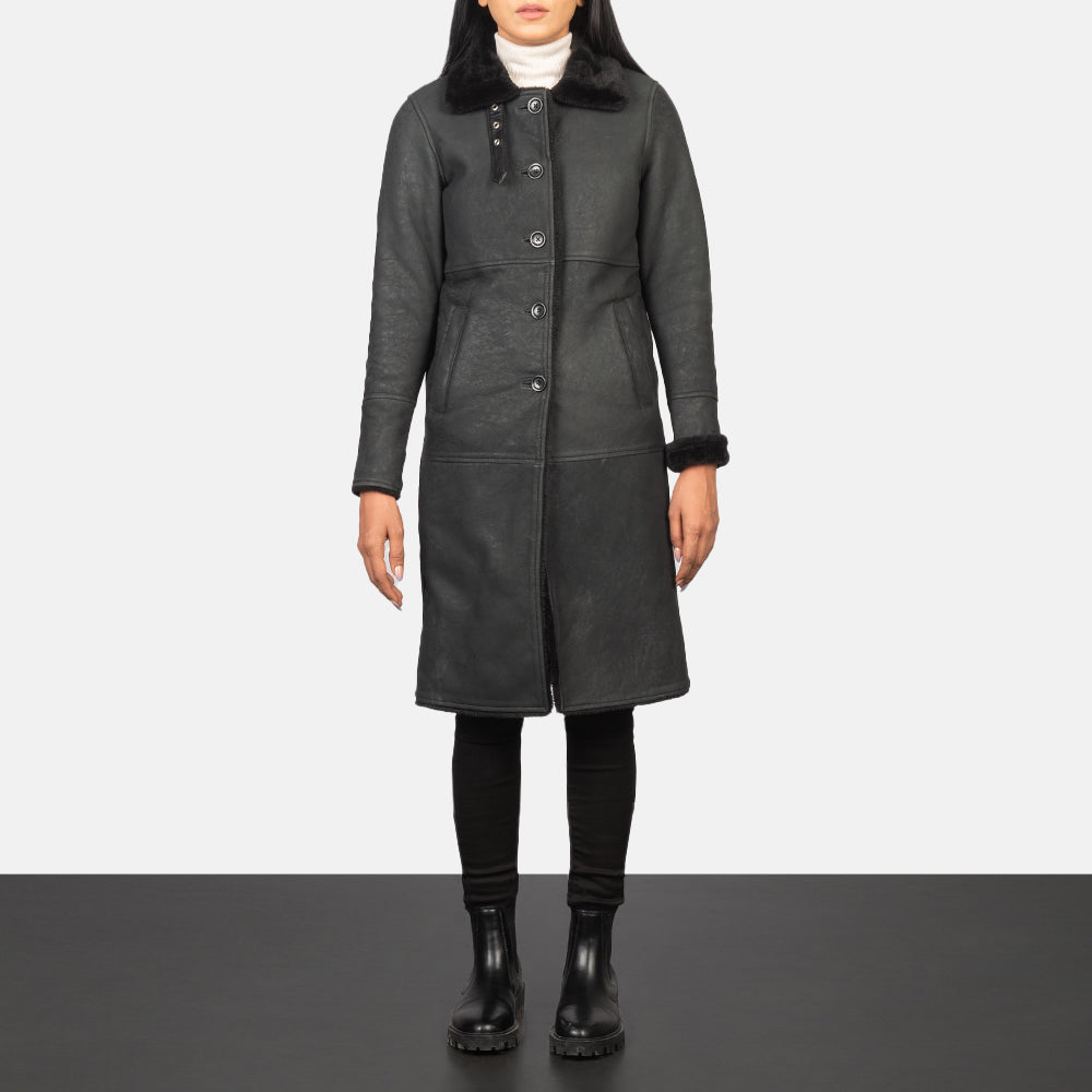 
Alina Shearling Fekete Bőrkabát Női in Distressed Black Sheepskin Leather - Elölnézet & testre szabott sziluett | Online vásárlás