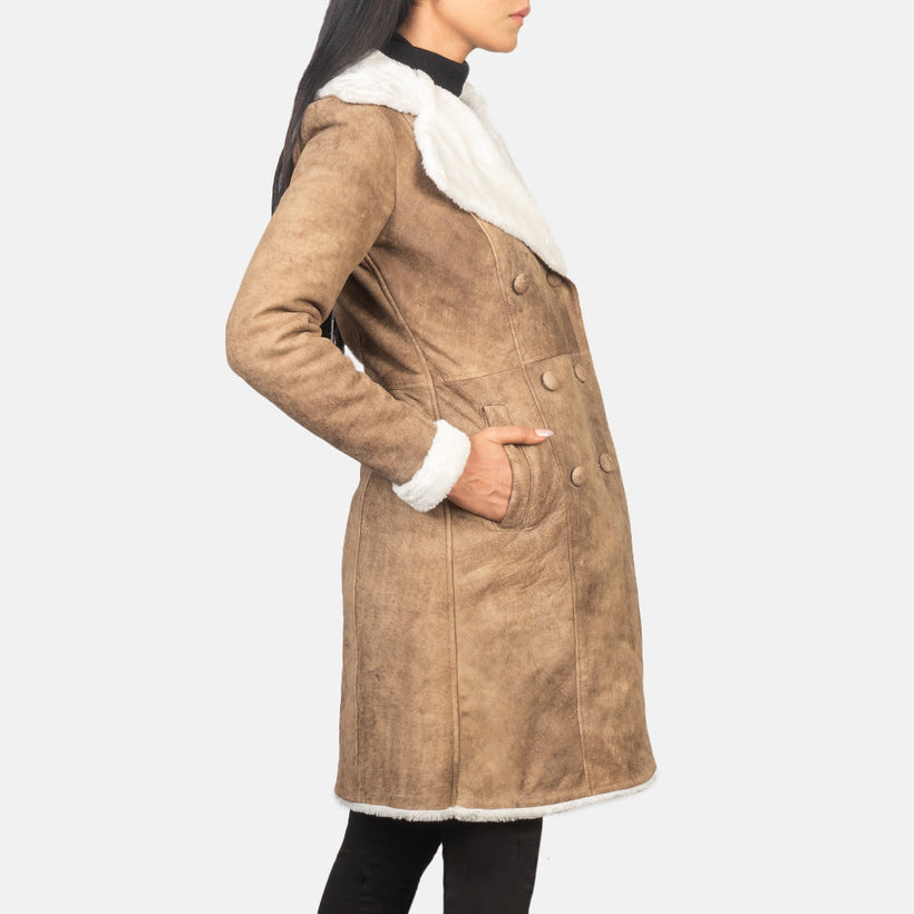 Amie Distressed Barna Double-Breasted Shearling Coat női