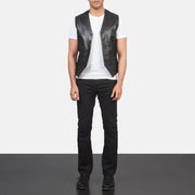 Men's Auden Black Leather Vest - Lateral Side Profile View Showing Sleeve Cut &amp; Athletic Taper Fit