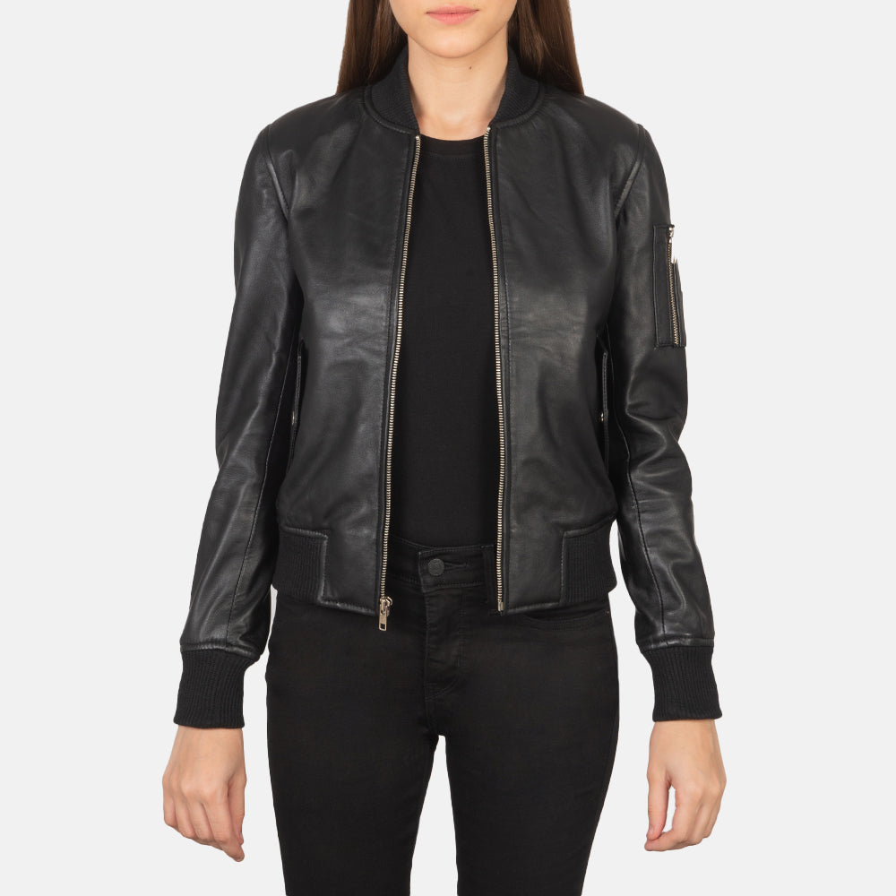 
Ava Ma-1 Black Leather Bomber Jacket in Black Sheepskin Leather - Elölnézet & testre szabott sziluett | Online vásárlás