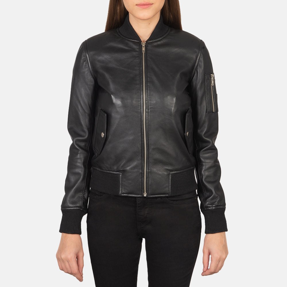 
Közeli részlet of Rib Knit & Zipper Hardware on Ava Ma-1 Black Leather Bomber Jacket