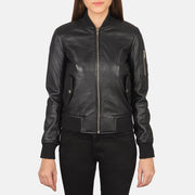 
Közeli részlet of Rib Knit & Zipper Hardware on Ava Ma-1 Black Leather Bomber Jacket