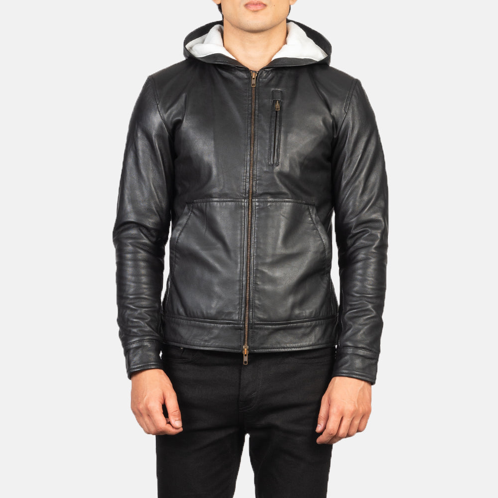 
Közeli részlet of Hooded & Zipper Hardware on Baston Black Hooded Leather Bomber Jacket