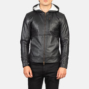 
Közeli részlet of Hooded & Zipper Hardware on Baston Black Hooded Leather Bomber Jacket