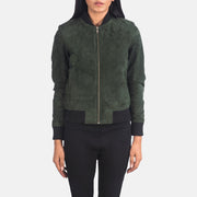 Close-Up Detail of Varsity - Rib Knit &amp; Zipper with Wind Flap Hardware on Women's Bliss Green Suede Bomber Jacket