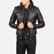 
Bravado Black Hooded Leather Bomber Jacket in Black Sheepskin Leather - Elölnézet & testre szabott sziluett | Online vásárlás