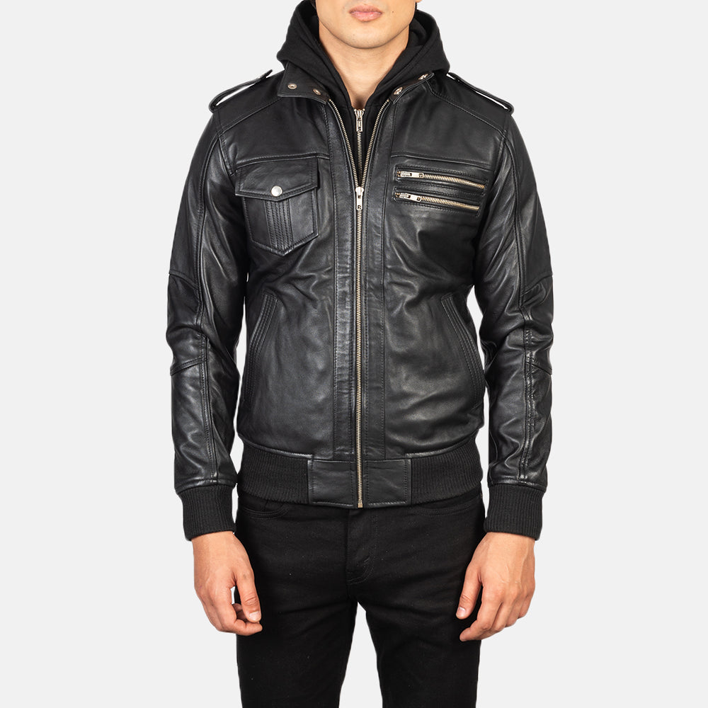
Közeli részlet of High Neck & Zipper Hardware on Bravado Black Hooded Leather Bomber Jacket
