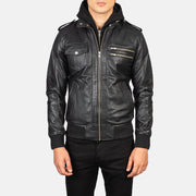 
Közeli részlet of High Neck & Zipper Hardware on Bravado Black Hooded Leather Bomber Jacket
