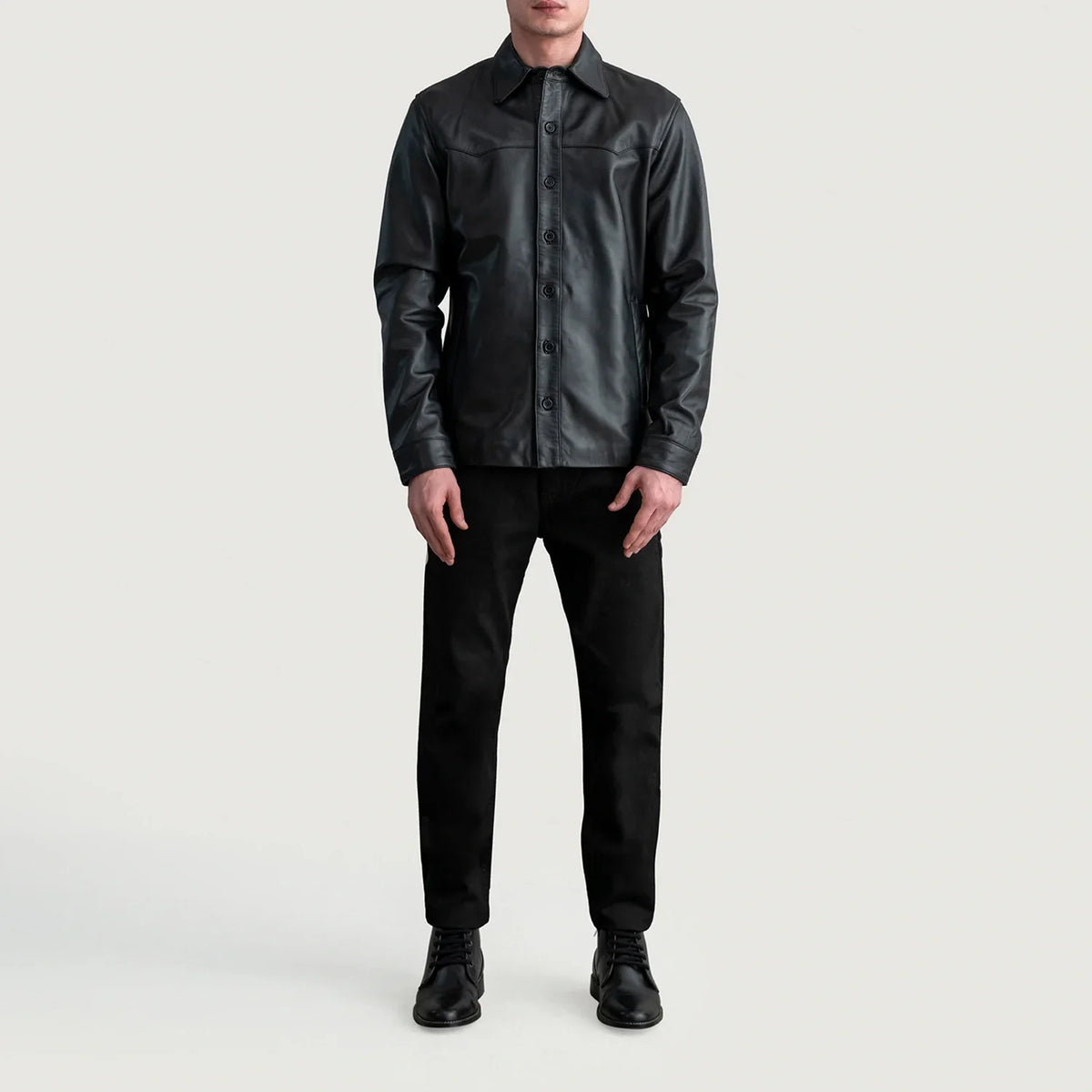 
Közeli részlet of Shirt & Buttons Hardware on Bronco Fekete Leather Shirt Férfi
