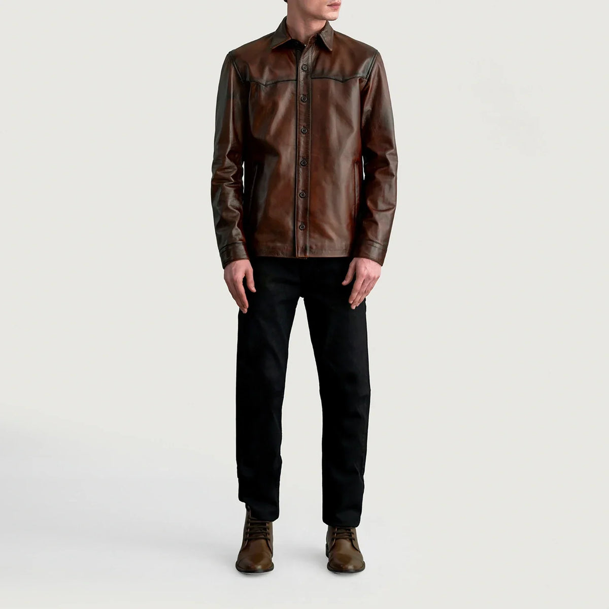 
Közeli részlet of Shirt & Buttons Hardware on Bronco Distressed Barna Leather Shirt Férfi