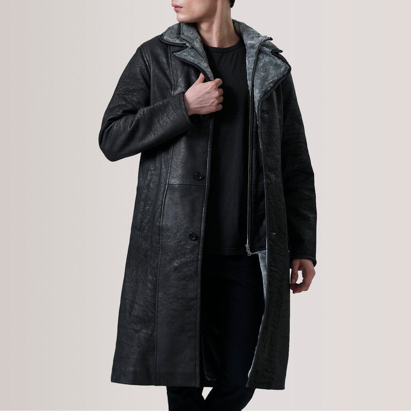 Cai Distressed Fekete Leather Shearling Coat férfi