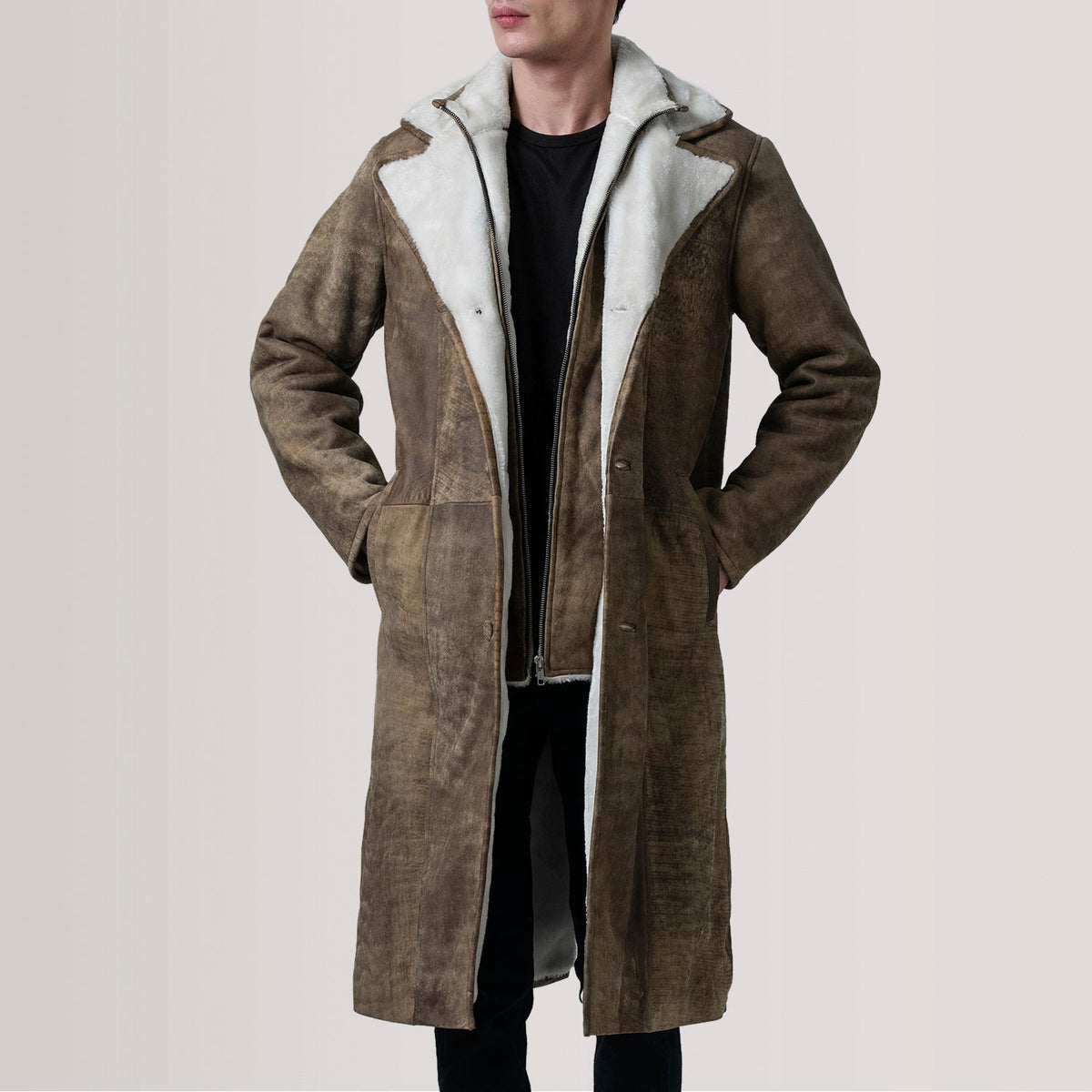 Cai Distressed Brown Leather Shearling Coat For Men in Distressed Brown Sheepskin Snuffed - Elölnézet & testre szabott sziluett | Online vásárlás
