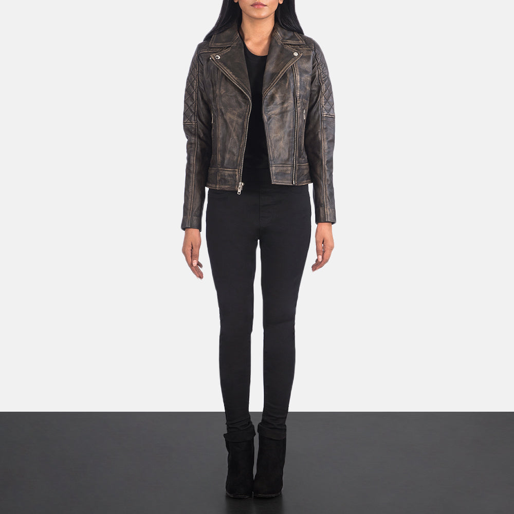 
Carolyn Quilted Distressed Brown Biker Jacket - Oldalnézet az ergonomikus ujjkialakítással
