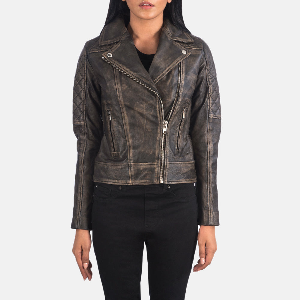 
Közeli részlet of Notch & Zipper Hardware on Carolyn Quilted Distressed Brown Biker Jacket