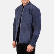 
Navy Blue Goatskin Suede Biker Jacket - Hátulnézet precíz vállilleszkedéssel és tiszta szegéllyel