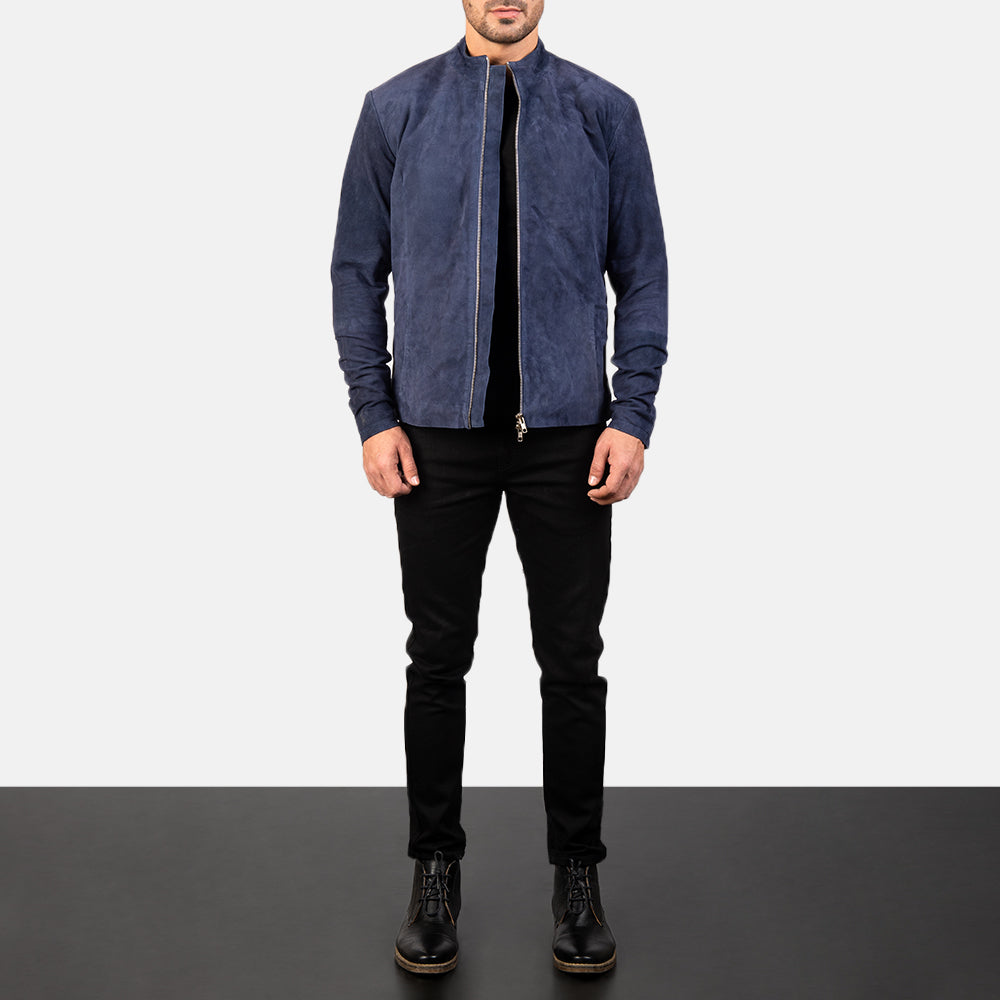 
Charcoal Navy Kék Suede Bőr Motoros Dzseki Férfi - Oldalnézet az ergonomikus ujjkialakítással
