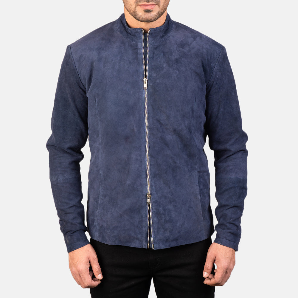 
Közeli részlet of Mandarin & Zipper with Dual Puller Hardware on Charcoal Navy Kék Suede Bőr Motoros Dzseki Férfi