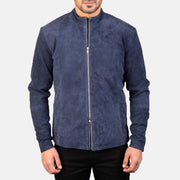 
Közeli részlet of Mandarin & Zipper with Dual Puller Hardware on Charcoal Navy Kék Suede Bőr Motoros Dzseki Férfi