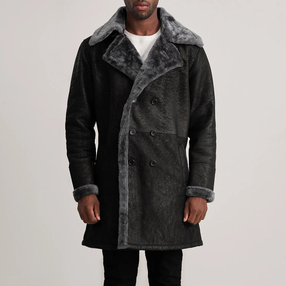 
Közeli részlet of Notch & Button Hardware on Charles Brown Suede Leather Shearling Double-Breasted Coat