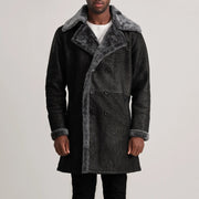 
Közeli részlet of Notch & Button Hardware on Charles Brown Suede Leather Shearling Double-Breasted Coat