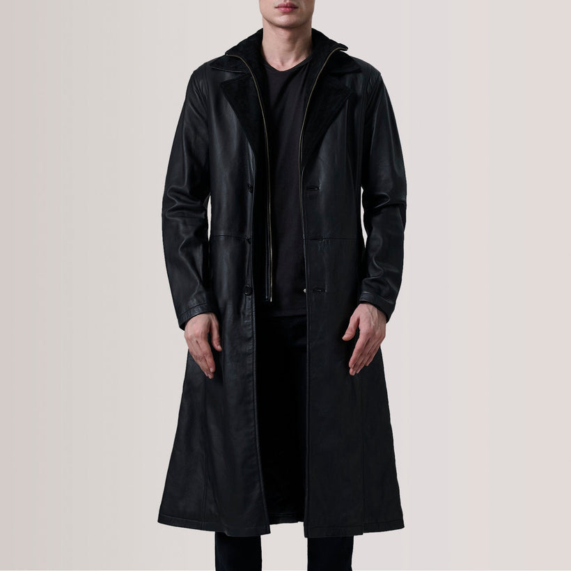 Charlton Fekete Leather Single Breasted Coat férfi