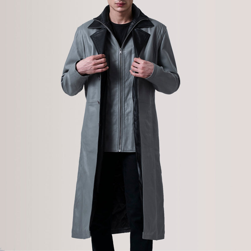 Charlton Grey Leather Single Breasted Coat férfi