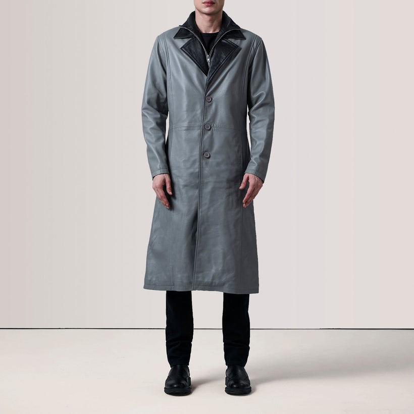 Charlton Grey Leather Single Breasted Coat férfi