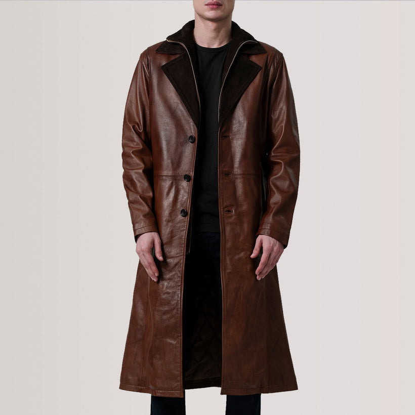 Charlton Waxed Barna Leather Single Breasted Coat férfi