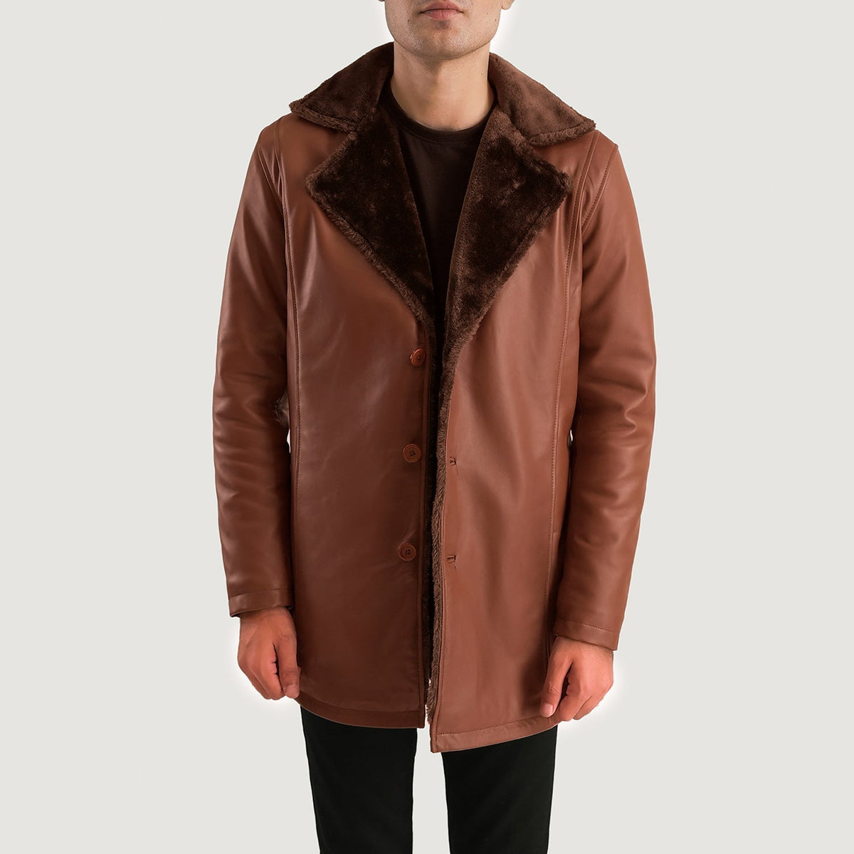 
Közeli részlet of Shirt & Button Hardware on Cinnamon Barna Leather Fur Bőrkabát Férfi