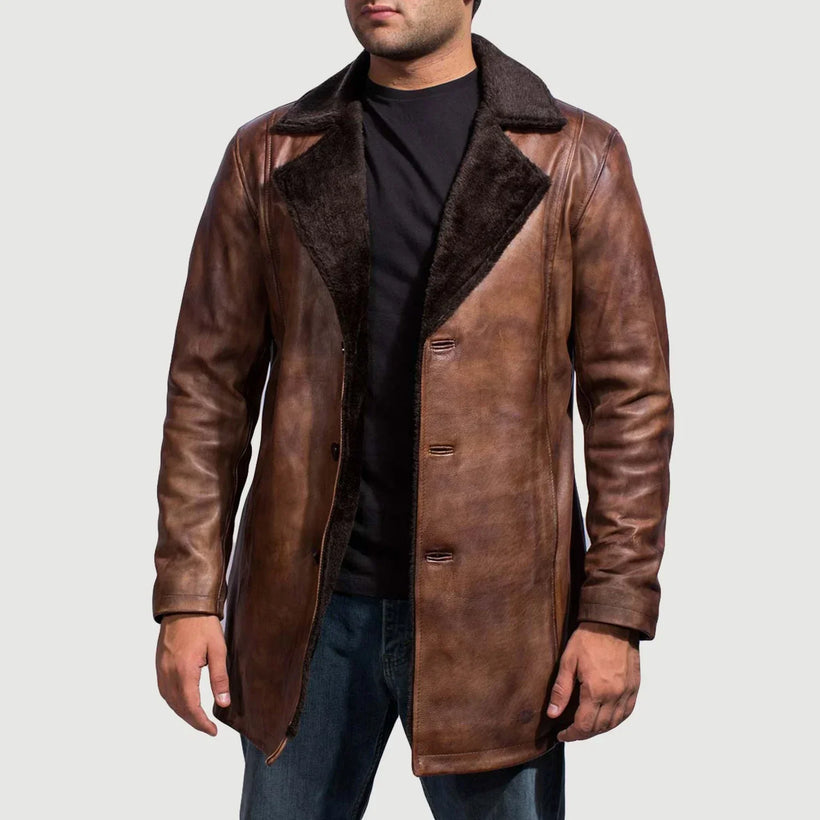 Cinnamon Distressed Leather Fur Coat férfi