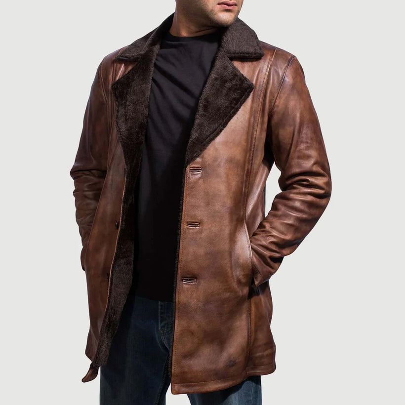 Cinnamon Distressed Leather Fur Coat férfi