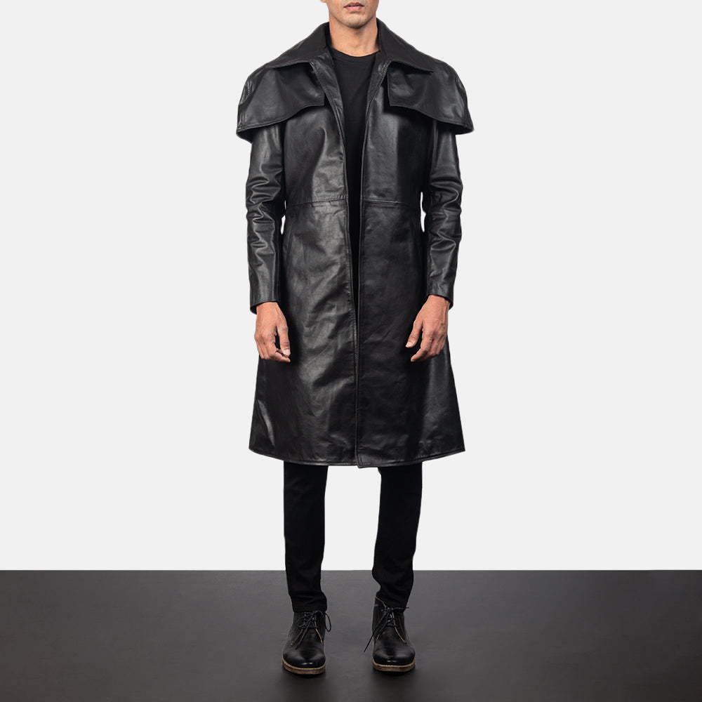 
Classic Fekete Leather Duster Férfi in Black Cowhide Leather - Elölnézet & testre szabott sziluett | Online vásárlás