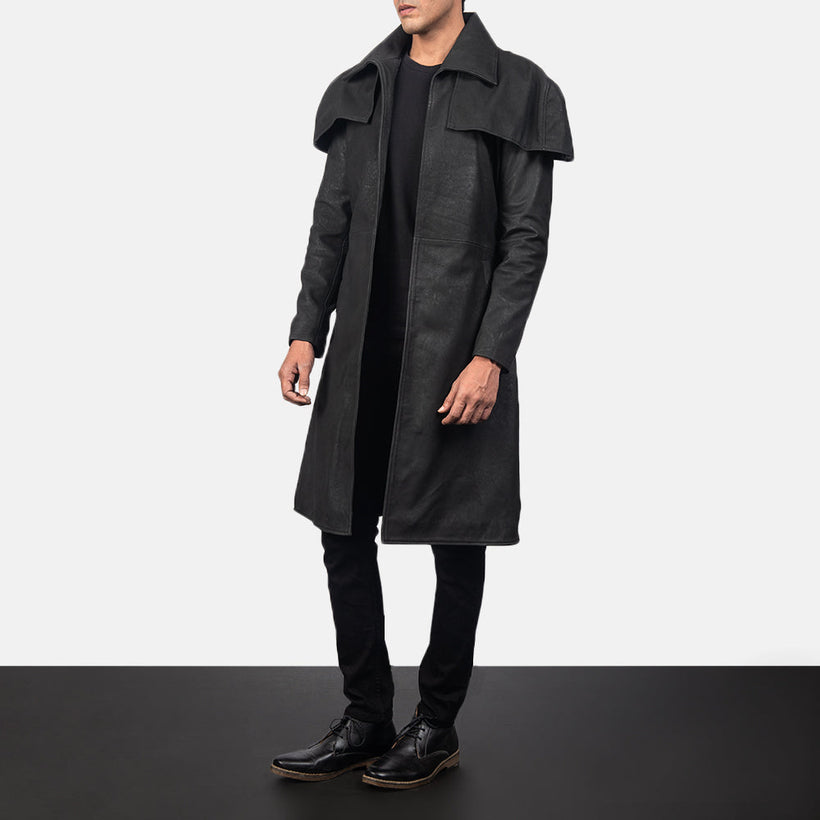 Classic Distressed Fekete Leather Duster férfi