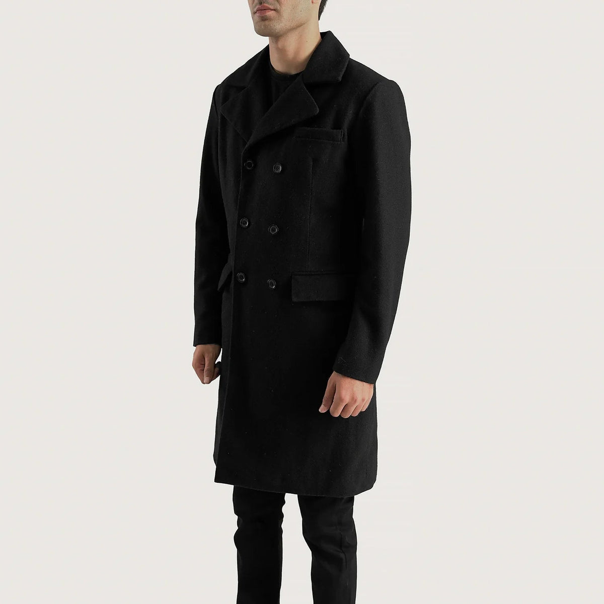 Black Synthetic Wool Trench Coat - Back View Showing Tailored Shoulder Fit &amp; Clean Hemline