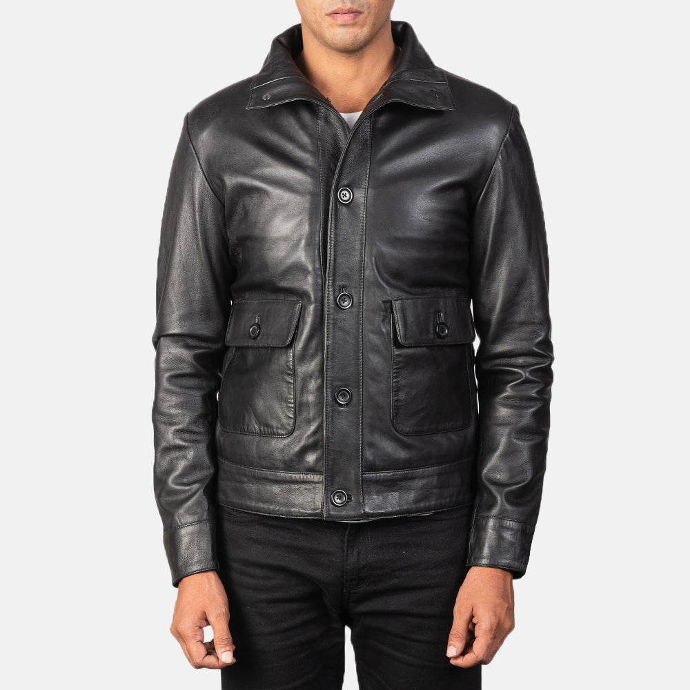 
Norman Black Hooded Bomber Leather Puffer Jacket in Blue Sheepskin Leather - Elölnézet & testre szabott sziluett | Online vásárlás