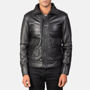 
Norman Black Hooded Bomber Leather Puffer Jacket in Blue Sheepskin Leather - Elölnézet & testre szabott sziluett | Online vásárlás
