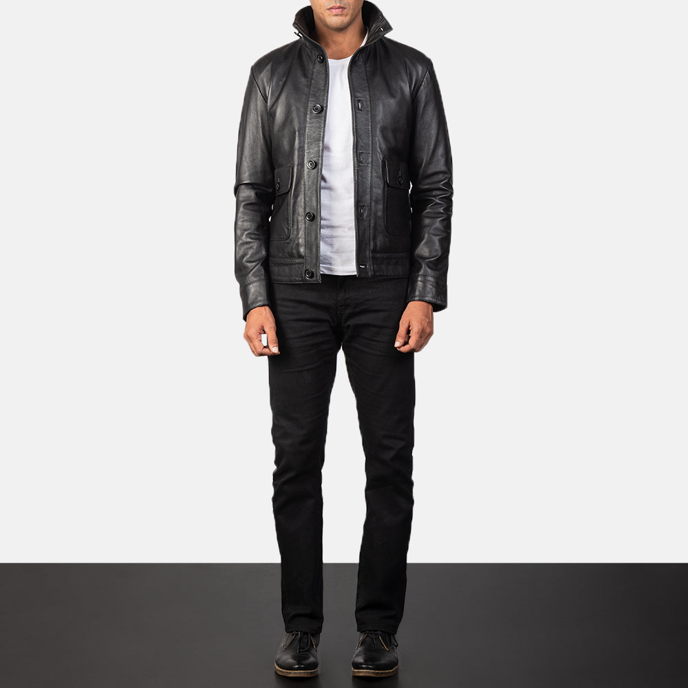 
Közeli részlet of High-neck Buttoned & Button Hardware on Norman Black Hooded Bomber Leather Puffer Jacket
