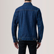 
Közeli részlet of Classic Collar & Heavy-Duty Zipper Hardware on Conard Dark Kék Denim Trucker Bőrdzseki Férfi For Men