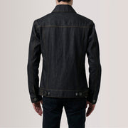 
Közeli részlet of Classic Collar & Heavy-Duty Zipper Hardware on Conard Faded Fekete Denim Trucker Bőrdzseki Férfi For Men