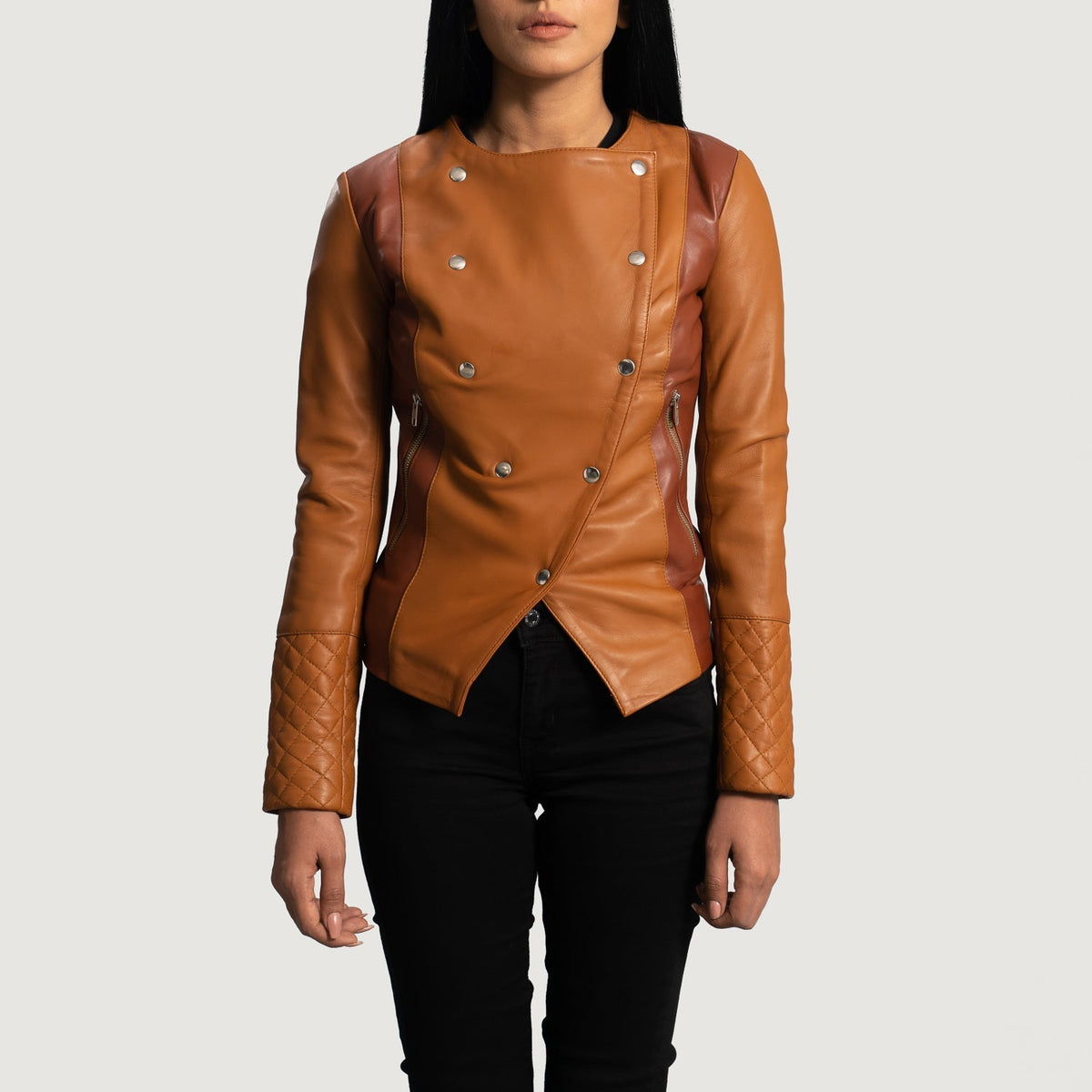 
County Világosbarna Overlap Bőrdzseki Női in Tan Brown Sheepskin Leather - Elölnézet & testre szabott sziluett | Online vásárlás