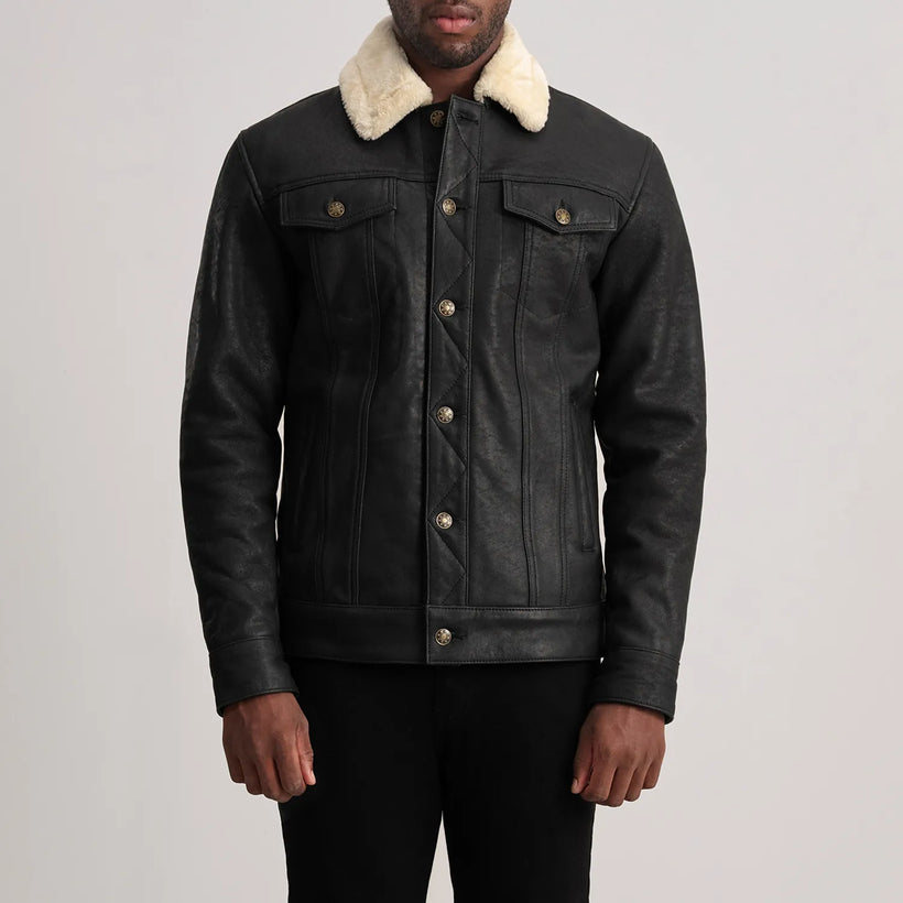 Dallis Distressed Fekete Leather Shearling Trucker Bőrdzseki Férfi