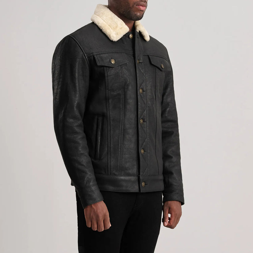 Dallis Distressed Fekete Leather Shearling Trucker Bőrdzseki Férfi